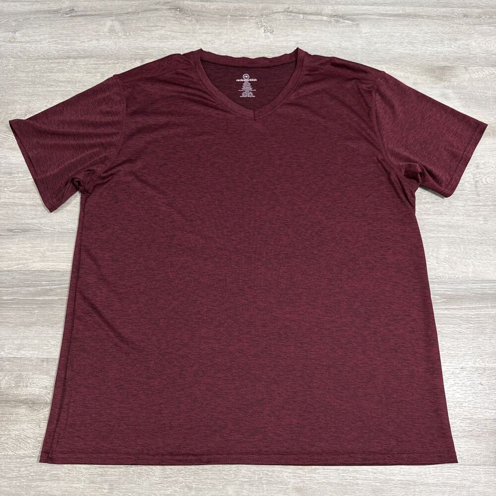 Real Essentials Shirt Men's Burgundy Heather V Neck Performance Tee 2XL Stretch